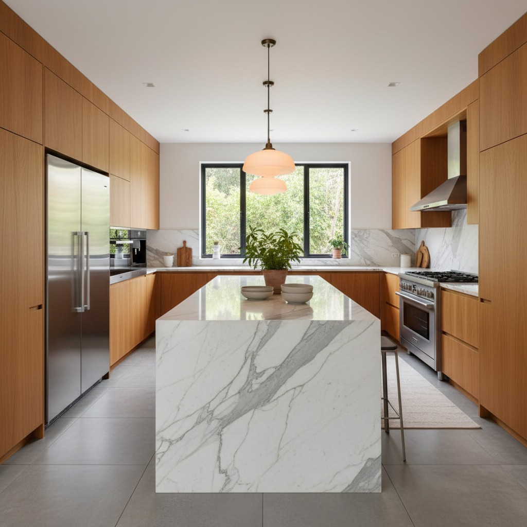 Modern kitchen featuring light wood cabinetry, a large marble waterfall island, and stainless steel appliances.