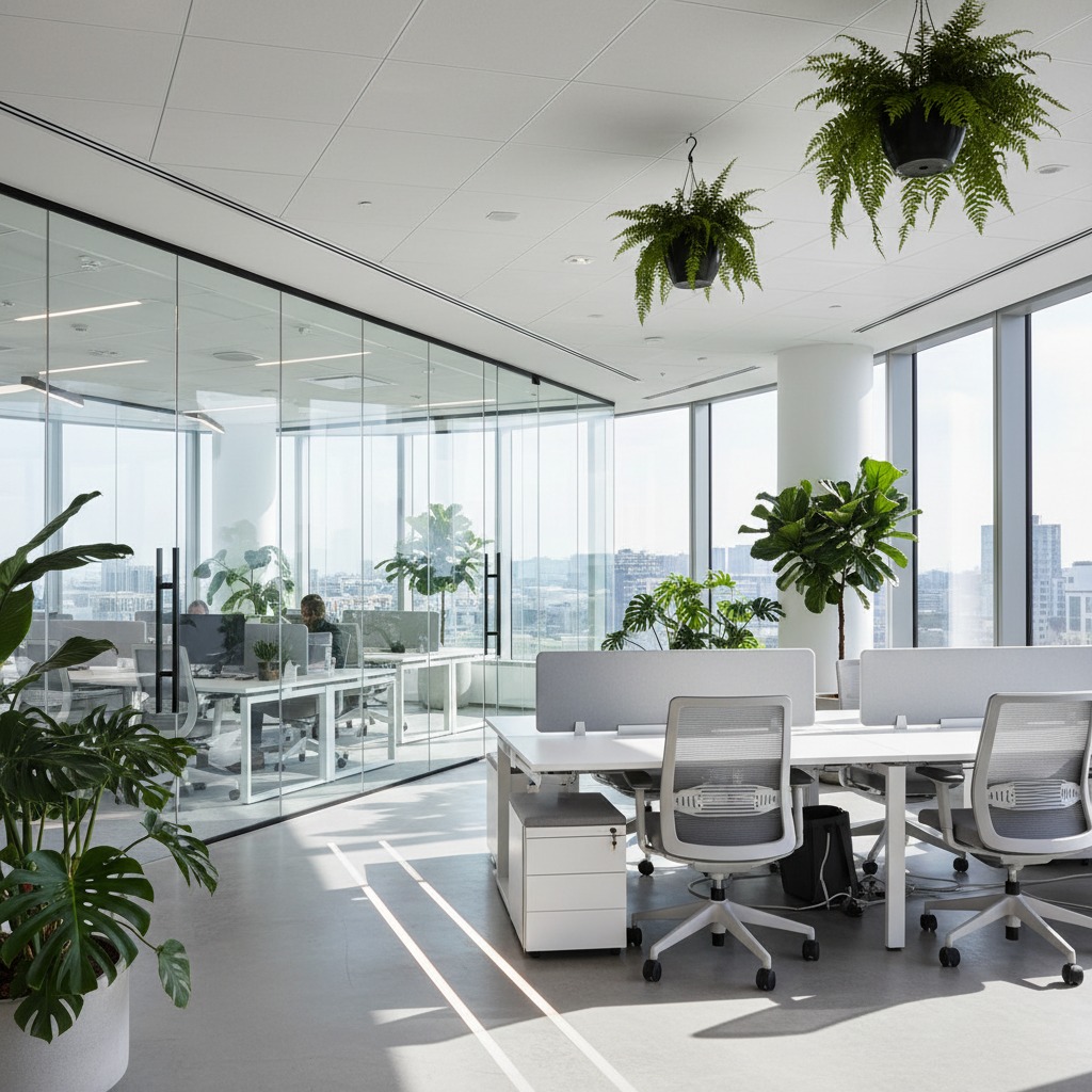 Modern office with glass-walled conference rooms, white desks, mesh-back task chairs, and hanging and potted plants throughout.