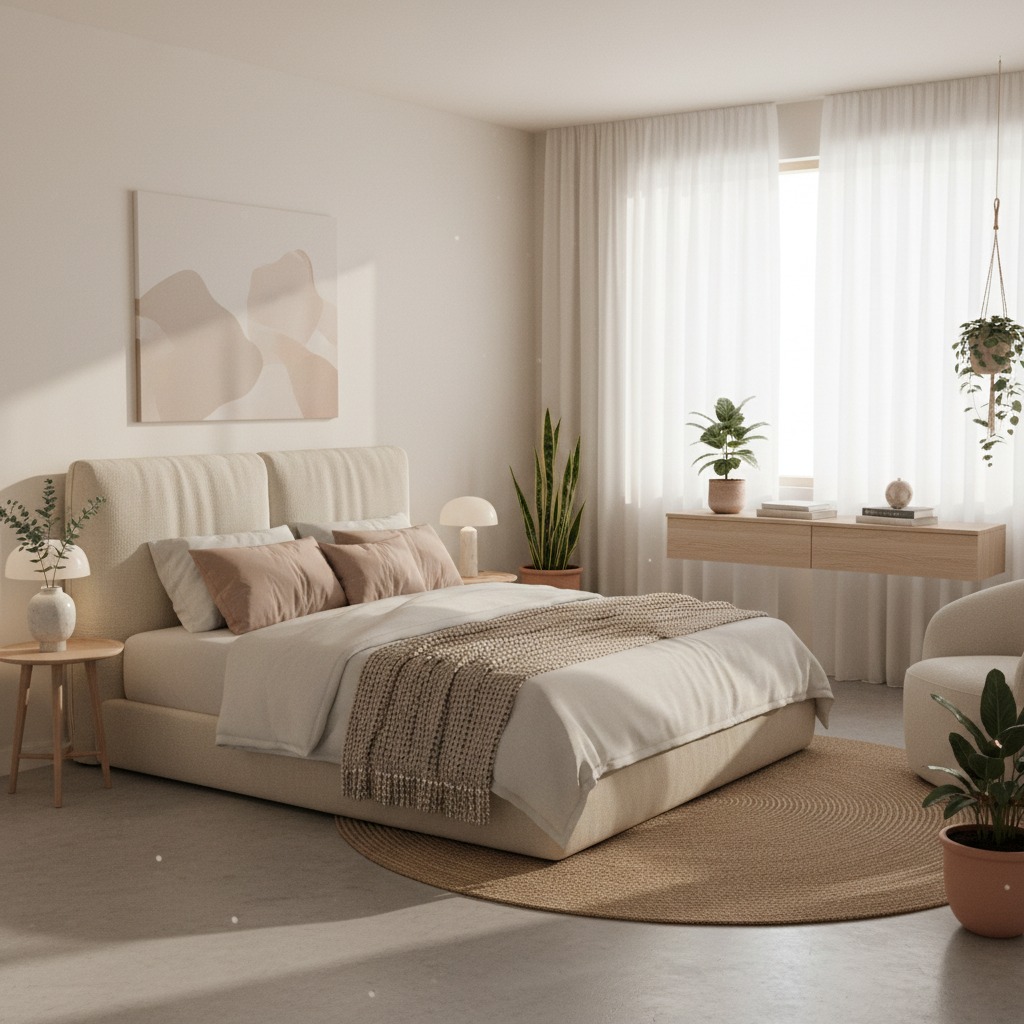 A minimalist bedroom features a neutral color palette with a beige upholstered bed, abstract wall art, and sheer white curtains.